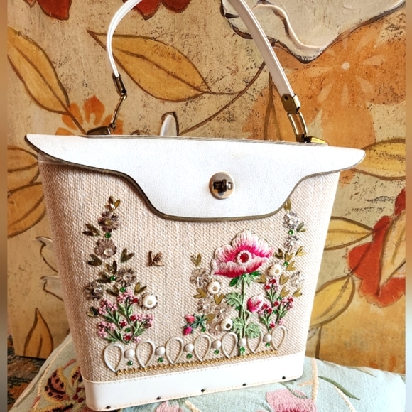 Vtg 60s EC Style Antique DIY Box Purse Bucket Embroidery Flowers Glitzy Handbag - Picture 16 of 16
